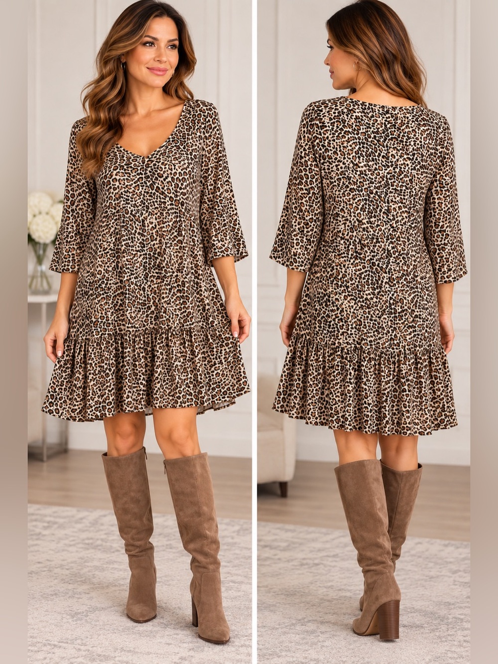 Tickled Teal Brown Leopard Print V-Neck Tiered Mini Dress